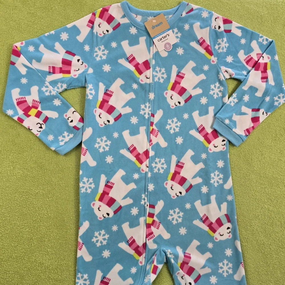 NWT Sz 6 Aqua Blue & PINK POLAR BEAR BLANKET SLEEPER fleece FOOTIE PAJAMAS (Q9)